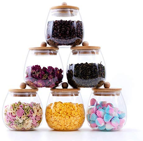 RORA Lot de 6 bocaux ronds en verre transparent avec des couvercles hermétiques en bambou pour café, farine, thé, sucre, bonbons, biscuits, épices et plus encore (590 ml)