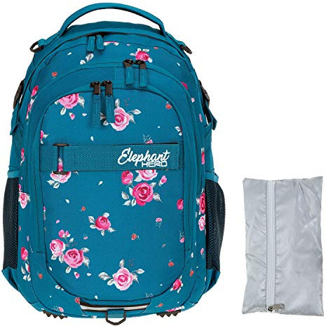 Elephant Schulrucksack Hero Signature Rucksack Schultasche Schulmappe Daypack Mädchen mit Regenhülle +r (Blue Flower (Blau/Rosa))