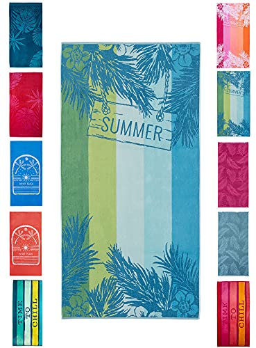 BaSaTex - Strandtuch Baumwolle in 90x180 cm - Strandlaken Badetuch aus Frottee Velours mit Aufhängeschlaufe - Saunatuch Öko-Tex Standard 100 Zertifiziert - Modell Summer Blau Design