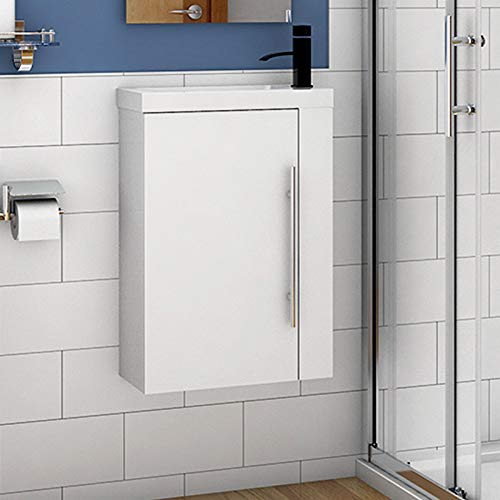 MYB Cloakroom Vanity Unit with Basin White 1 Soft Close Door 2 Shelves Wall Mounted Small Storage Cabinet