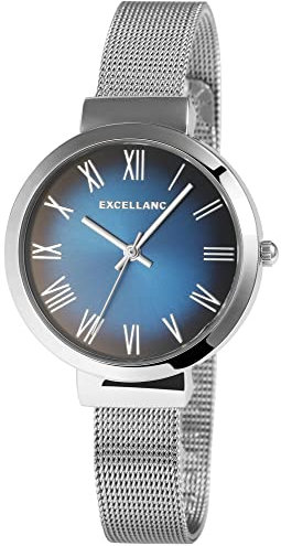 Excellanc Damen-Uhr Edelstahl Meshband Hakenverschluss Analog Quarz 1300036 (silberfarbig blau)