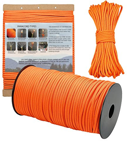 PSKOOK 550 Paracord 100m,31m,15m Rope 9+1 Strand with Fishing Line Traction Rescue Rope Tent Rope for Outdoor Hikes Camping DIY Necklace Bracelet Craft Making(31m,Orange)