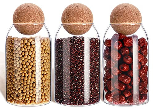 3 Pcs Glass Jar Storage Container with Ball Cork Decorative Round Organizer Bottle Sealed Canister Jar with Airtight Seal Wooden Lid for Food Coffee Bean Candy Biscuits Spice(800 ML/ 27 Oz)