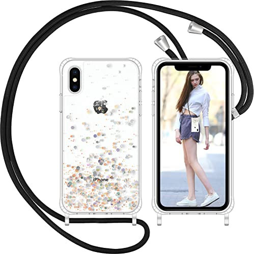 Nupcknn Brillant Coque avec Cordon pour iPhone X/XS, Transparent Coque Collier Réglable Téléphone Étui Portable Lanyard Case Protection Complète Cover de iPhone X/XS(5.8)
