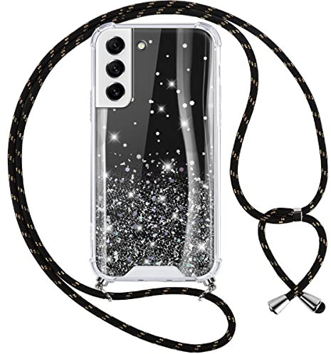Vauki Handykette Hülle für Samsung Galaxy S21 FE 5G, Glitzer Hülle Band Silikon Stoßfest Case mit Glühen Necklace Schutzhülle mit Premium Kordel abnehmbar zum Umhängen für Samsung S21 FE 5G, Schwarz