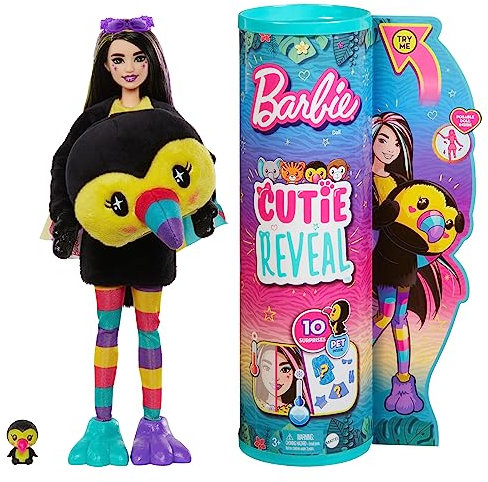Barbie Cutie Reveal, bewegliche Tukan-Accessoires, 10 Überraschungen, Tierspielzeug, Farbwechseleffekt, inkl Cutie Reveal Puppe, Geschenk für Kinder, Spielzeug ab 3 Jahre,HKR00
