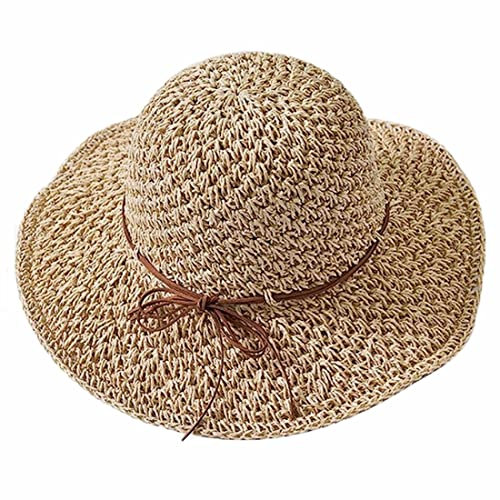 Strohhut Damen Breite Krempe Sonnenhut Sommer Anti UV Sommerhut Rollbar Faltbar Sonnenstrohhut Sonnencreme Mädchen Strandmütze Elegant Atmungsaktiv Strandhut für Reise Urlaub Outdoor Hellbraun