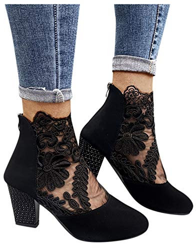 Sandalen Damen mit Absatz Weiß Sandalen Damen Spitze Pumps Schuhe Blockabsatz Stiefeletten Runder Spitze Blumenmuster Mesh Hohle Tüll Strass Sommerstiefel Reißverschluss Freizeit Atmungsaktiv Frauen