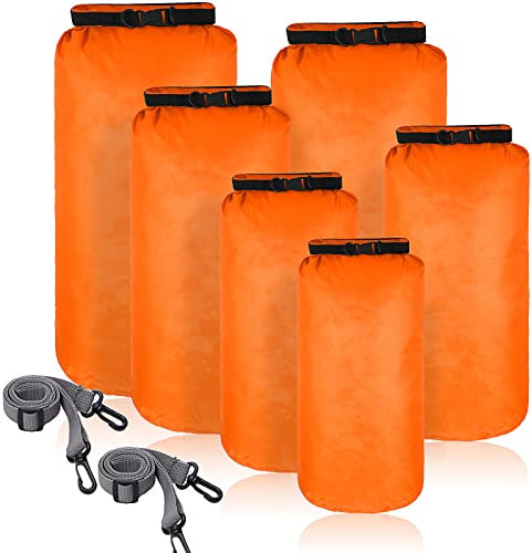 6 Stück wasserdichte Trockenbeutel Set Trockensack Leicht Luftdicht Packsack Set 20 L 15 L 10 L 8 L 5 L 3 L Trockentasche und Lang Verstellbar Schultergurt für Kajakfahren (Orange)