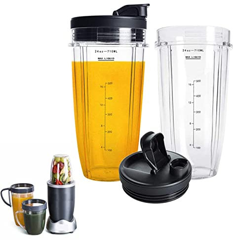 Syfunlv 2 Stück Entsafter Becher,Ersatzteile Ersatzbecher aus Kunststoff,mit SIP & Seal Deckel,710 ml (24oz) Messung der Skala -Tasse, geeignet für Nutri Ninja Auto IQ -Serie -Blender -Serie