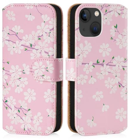 32nd Floral Series 3.0 - Design PU Leather Book Wallet Case Cover for Apple iPhone 15 (6.1), Flip Case With RFID Blocking Card Slots, Magnetic Closure and Built In Stand - Cherry Blossom