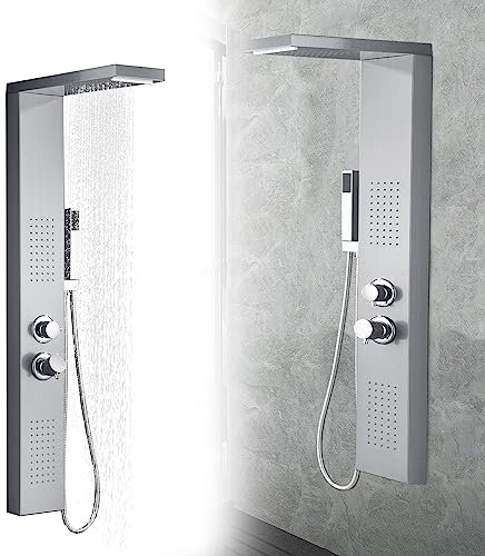 JOIEYOU Panel de ducha de acero inoxidable cepillado, con cabezal de ducha de lluvia para ducha y baño (plata)