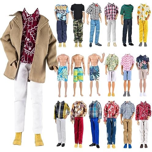 IMAGINE 10-teiliges Trenchcoat-Paket = 5 Sätze Mode Freizeitkleidung Kleidung Outfit für 12 Zoll Junge Puppe Zufälliger Stil (Khaki Lange Jacke Mantel + Freizeitkleidung + Badehose)