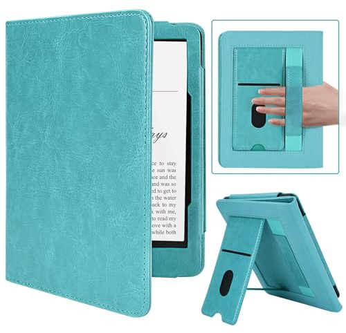 MMK Kindle Paperwhite Case 7/6.8(12th/11th Generation-2024/2021), Premium PU Leather Smart Cover with Hand Strap Card Slot, for Kindle Colorsoft Signature Edition(1st Gen 2024), Lake Blue