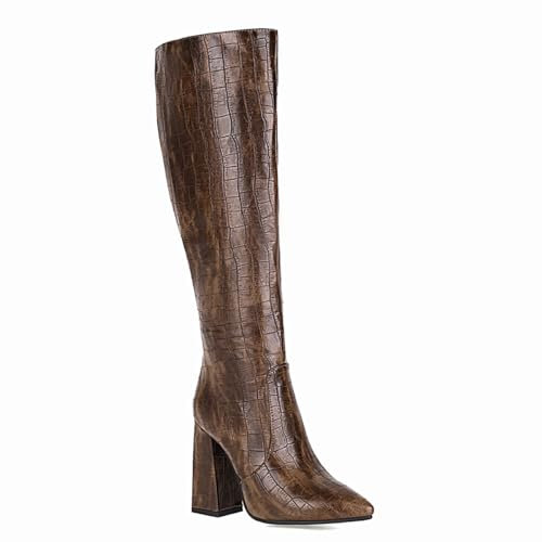 Carkuolary Donne Knee Stivali Alti with Chunky Heel Appuntito Faux Coccodrillo Comodo and Fashionable Retrò Stivali for Autunno and Inverno Wear per donne Ragazze Le signore Marrone Numero 33