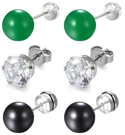 JewelryWe Kleine Ohrstecker Set Damen: 3 Paar 8mm Perlen Zirkonia 925 Sterling Silber Edelstahl Ohrringe Knorpel Helix Tragus Ohr Piercing für Frau Mädchen Schwarz Grün Weiß