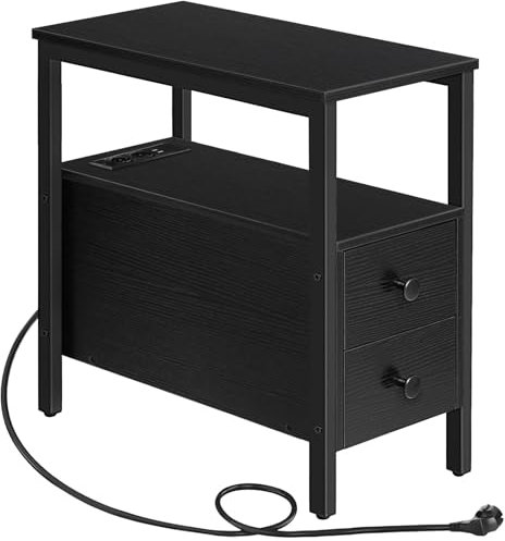 HOOBRO Beistelltisch mit Ladestation, Sofatisch mit 2 Schubladen und USB-Anschluss und Steckdose, Nachttisch für kleine Räume, Stabil und Robust, für Wohnzimmer, Schlafzimmer, Schwarz EBK542BZ01
