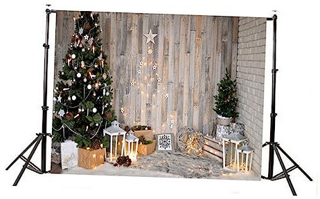 FELTECHELECTR Weihnachtlicher Fotohintergrund Weihnachtshintergrundtuch Kamin Wohndekoration Fotografie Hintergrund Holz Weihnachtskulisse Vintage-kulisse Weihnachtsbaum Weihnachten