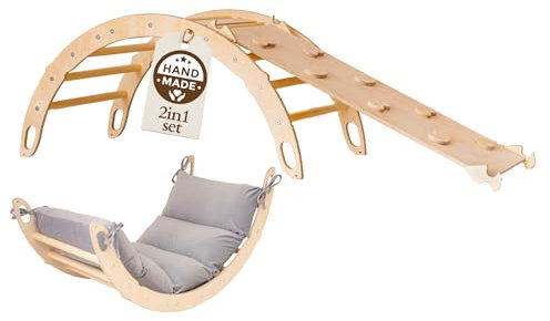 WoodsCraft Kletterbogen mit Kissen & Rutsche Indoor | Wippe Kinder & 2in1: Babyrutsche & Rampe | Holz Montessori Klettergerüst Indoor Spielgeräte & Spielplatz | Klettern Kinder Indoor & Klettern Baby