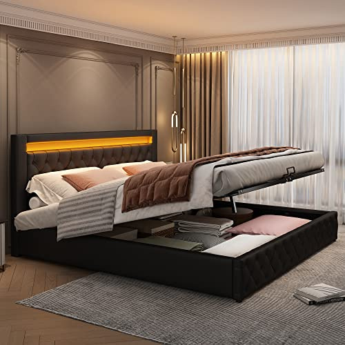 Rtopsu Letto Imbottito Letto Matrimoniale 180x200 cm con Testata a LED, Letti con Contenitore, Struttura Letti con Struttura Metallica Idraulica e Doghe in Legno, PU, Nero, Senza Materasso