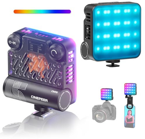 ZHIYUN CINEPEER CM15 15W RGB Videolicht, Selfie Licht mit Klammer Telefonhalter und Cold Shoe, Led Videoleuchte mit 18 Lichteffekten, 2600mAh CRI 94+ TLCI 96+ 2500K-10000K für Vlogging, Selfie,TT