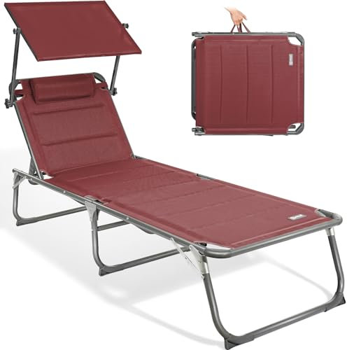 Homecall Sonnenliege Klappbar Mit Dach, Kopfstütze, 5-Fach Verstellbare Rückenlehne, 200 x 70 cm Gartenliege Wetterfest, Garten Liegestuhl Klappbar Leicht, Bis 180 kg für Garten, Balkon - XXL, Weinrot