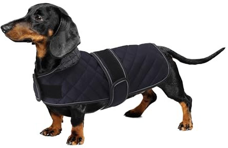 Geyecete Warm Thermal Quilted Dachshund Coat, Winter Apparel With Warm Fleece Lining, Outdoor Coat With Adjustable Bands for Medium, Large Dogs - Dark Blue - S