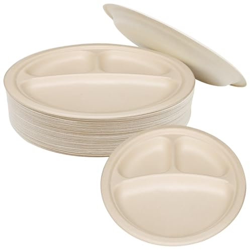 PRITOK 50 piatti di carta grandi: piatti rotondi di carta bagassa con 3 scomparti, piatti piani riciclabili, piatti di carta super rigidi, stoviglie da campeggio, microonde e forno per feste, casa,