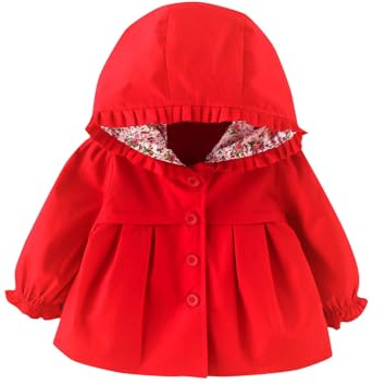 veste enfant fille long mi saison manteau bebe fille 3 mois a 3 ans chic a la mode automne blouson coupe vent fille capuche fleur leger avec bouton vetement bebe fille printemps (Red, 2-3 ans)