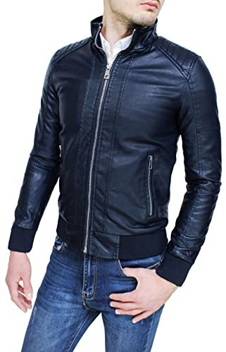 Evoga Giubbotto giacca uomo casual nero slim fit in ecopelle giubbino bomber moto chiodo (IT, Testo, L, Regular, Regular, Blu Scuro)