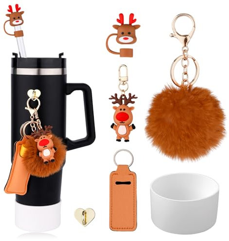 Gosknor Christmas Cup Accessories Set for Stanley, 6pcs Cup Accessories with Straw Cover Cup Boot Lipstick Holder Hanging Hook Pompom Christmas Charms for Stanley Cup 30oz 40oz Tumbler (Elk)