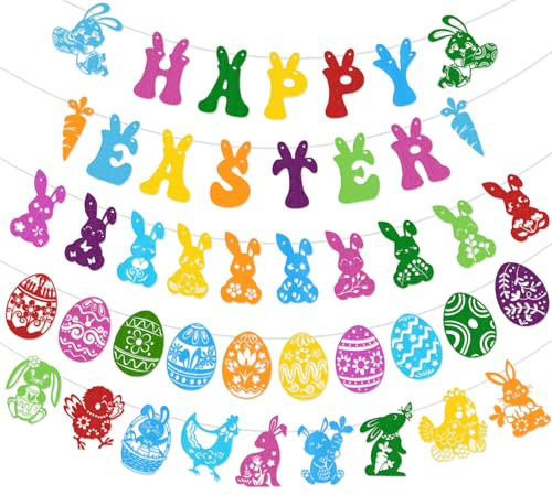 HOWAF 44pcs Ostergirlande Osterdeko, Filz Frohe Ostern Banner Hasen Girlande Kaninchen Ostereier Girlande, Ostern Girlande Hängedeko für Osterhasen Deko, Ostereier Deko, Frühlingdeko, Ostern Deko