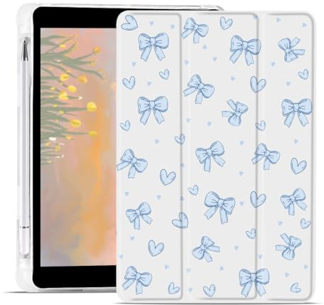 JOYLAND Cute Blue Bowknot Case for iPad 9th/7th/8th Generation (2021/2020/2019) 10.2 Inch with Pencil Holder Aesthetic Bow Girly White Cover Auto Wake/Sleep Foldable Shockproof Case