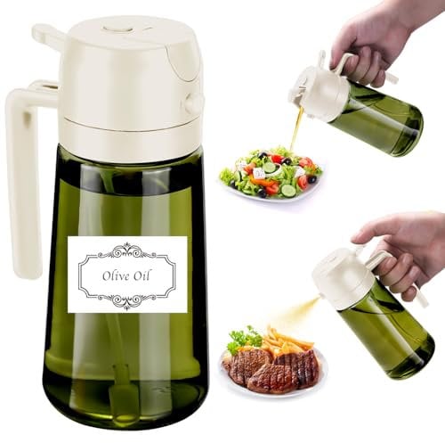 SCFRF Pulverizador de aceite de bloqueo de luz de 470 ml para cocinar con etiquetas, botella dispensadora de aceitunas 2 en 1, vidrio verde premium, rociador de grado alimenticio para freidora de aire