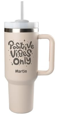 ORWO - XXL-Thermobecher | 1,2 Liter | aus Edelstahl | personalisiert mit Gravur | isolierter Trinkbecher mit Griff, Deckel und Strohhalm | für heiße und kalte Getränke (Peach, Positive Vibes)