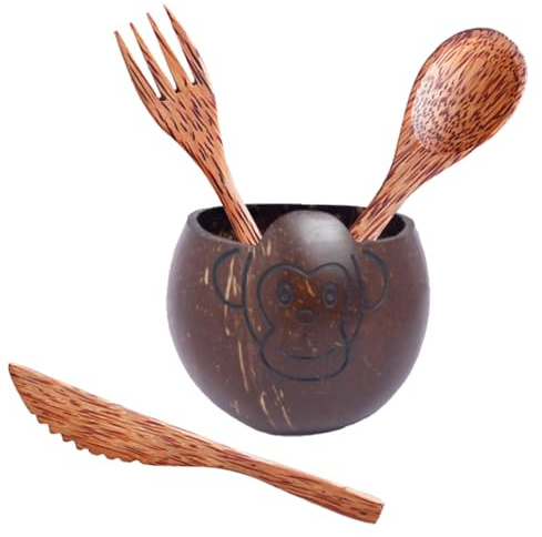M1SS Coconut Shell Serving Bowl with 3 pcs Cutlery Spoon, Fork & Knife for Snacks, Salads, Smoothie, Nuts & Chips | Eco-Friendly Animal Design - 350 ML (Monkey Bowl + Cutlery)