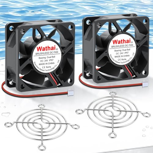 2 Pcs Wathai IP67 60mm x 25mm 24V DC Waterproof Cooling Fan Dual Ball 2 Pin for Small PC Cases, Amplifier, Terrarium DIY Cooling Ventilation Exhaust Projects