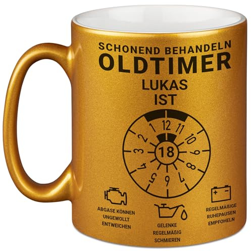 Kiddle-Design Personalisierte Tasse 18. Geburtstag, Schonend behandeln Oldtimer ist 18, 18ter Geburtstag Lustiges Geschenk Mann Frau, Tasse Metallic-Gold