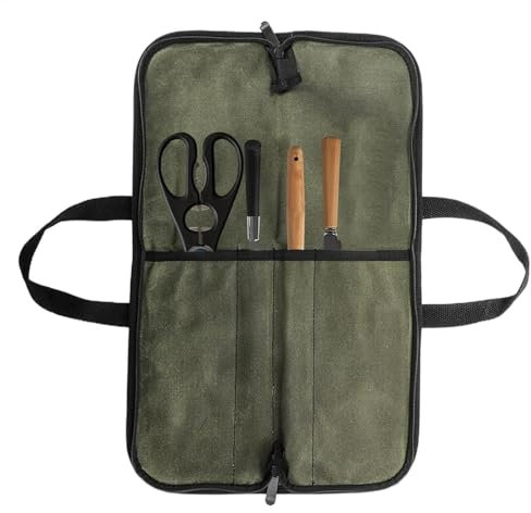 Teksome Borsa arrotolabile per coltelli da chef, borsa per posate da esterno, borsa in tela cerata per utensili da cucina, organizer portatile per coltelli da chef con manico per cucina, Verde