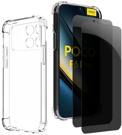 Kiokyrgm Protector de pantalla de cristal templado para Poco F6 Pro 5 g, 1 funda de TPU con 2 unidades de cristal blindado, vidrio 9H, lámina antispy, funda de silicona transparente, antiamarillo