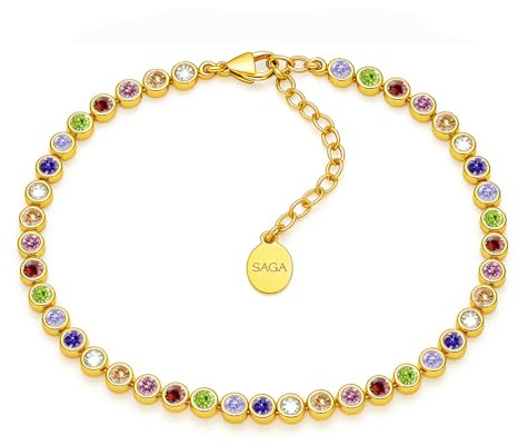 SAGA GIOIELLI® Bracciale Tennis Unisex in Acciaio Inossidabile, Lunghezza 16,5+3 cm, Zirconi da 4 mm, Regolabile – Elegante e Resistente, Idea Regalo Uomo Donna (DORATO MULTICOLOR)