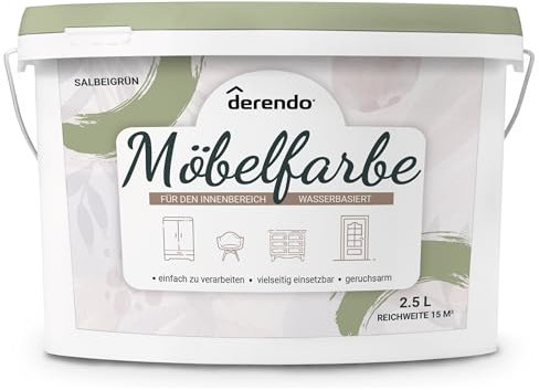 derendo Möbelfarbe Holzfarbe für Innen – Ohne Schleifen, Kratzfest & Hochdeckend – Wasserbasierter Lack für Möbel, Türen & Küchen – Emissionsarm & Pflegeleicht (Salbeigrün, 2,5 Liters)