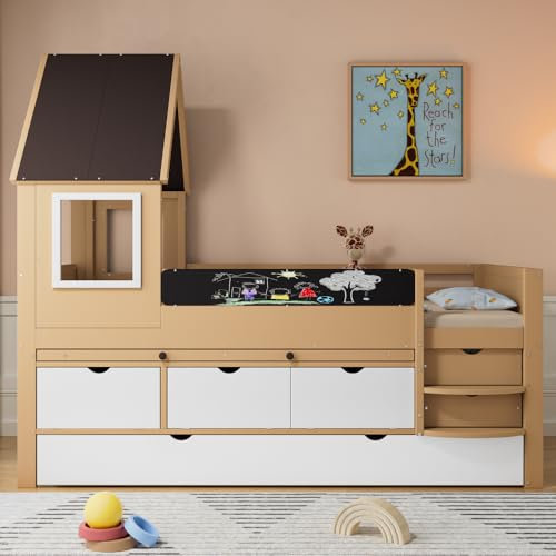 Seyakany Cama cabaña infantil 90 x 190 y 90 x 200 con escritorio, cama infantil con almacenamiento, cama doble infantil con cajones y anidar, entrepiso de 2 plazas, pino+MDF, blanco+natural