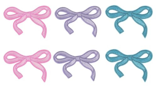 YELARXI Bow Iron on Patches, Cute Sew on Bows Embroidered Applique Patches Fit for Jeans Jackets Women Clothes Hats Backpacks (6 Pack, Pink/Purple/Sky Blue)
