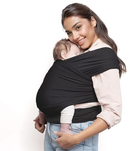 KOOMUAO Babytragetuch Neugeboren,Kindertragetuch Bauchtrage Sling,Einfach anzuziehen - Elastisches Tragetuch bis zu 15 kg,Ergonomisches Baby Tragetuch, Einfach zu bindende Babytrage (Schwarz)