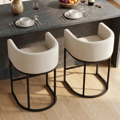KRAMZMING Barhocker 2er Set, 62 cm Leinen, Beige | Thekenhöhe, Leinenbezug, Metallbeine mit Fußstütze, für Küche und Esszimmer