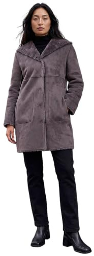 Roman Petite Faux Sheepskin Reversible Hooded Coat for Women UK Ladies Autumn Everyday Winter Holiday Long Sleeve Soft Pocket Details Comfy Relaxed Fit Office Desk