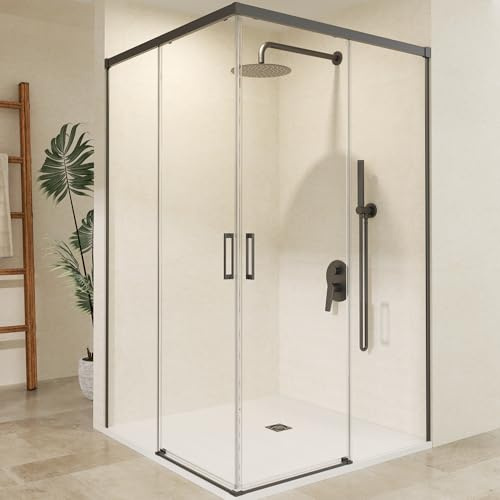 IMEX - Mampara Ducha Negra Dos Puertas 2 Fijas + 2 Correderas 80x80cm | Mampara de Cristal Reversible, Perfilería con Ancho Adaptable y 195cm de Altura | Vidrio con Grosor 6mm y Cierre Magnético