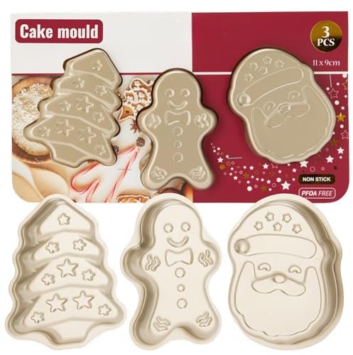 MIJOMA Backformen Weihnachten 3er Set – Antihaft-Kuchenformen aus Stahl in Gold – Lebkuchenmann Weihnachtsbaum Weihnachtsmann – Backform Set für Plätzchen & Mini-Kuchen – PFOA-frei