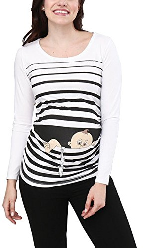 M.M.C. Umstandsshirt Langarm Damen mit Baby-Flucht-Motiv – Umstandsmode T-Shirt für die Schwangerschaft, mitwachsende Raffung, 95% Baumwolle, S bis XL